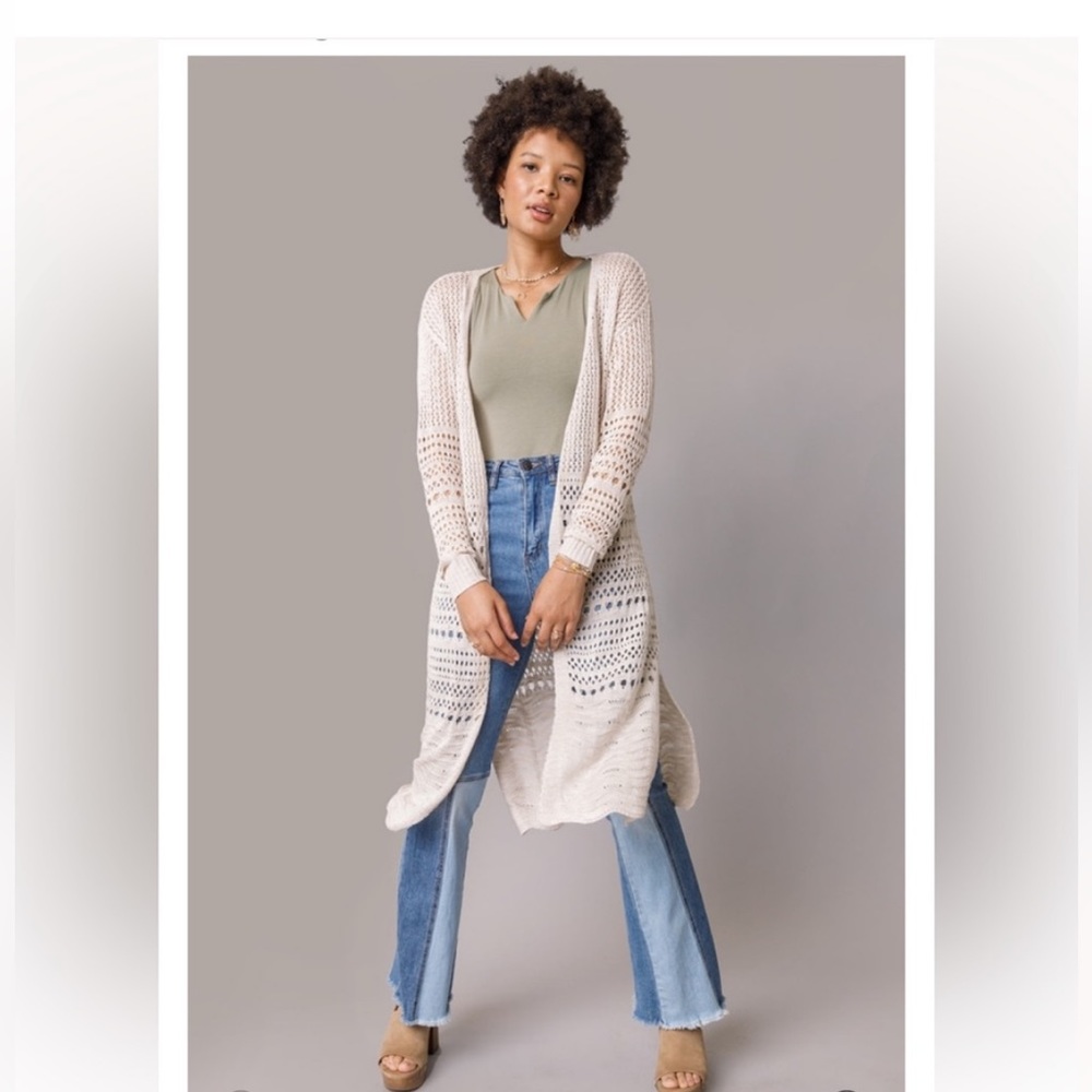 Francescas womens Nicolette Open Pointelle Cardigan Beige size XL